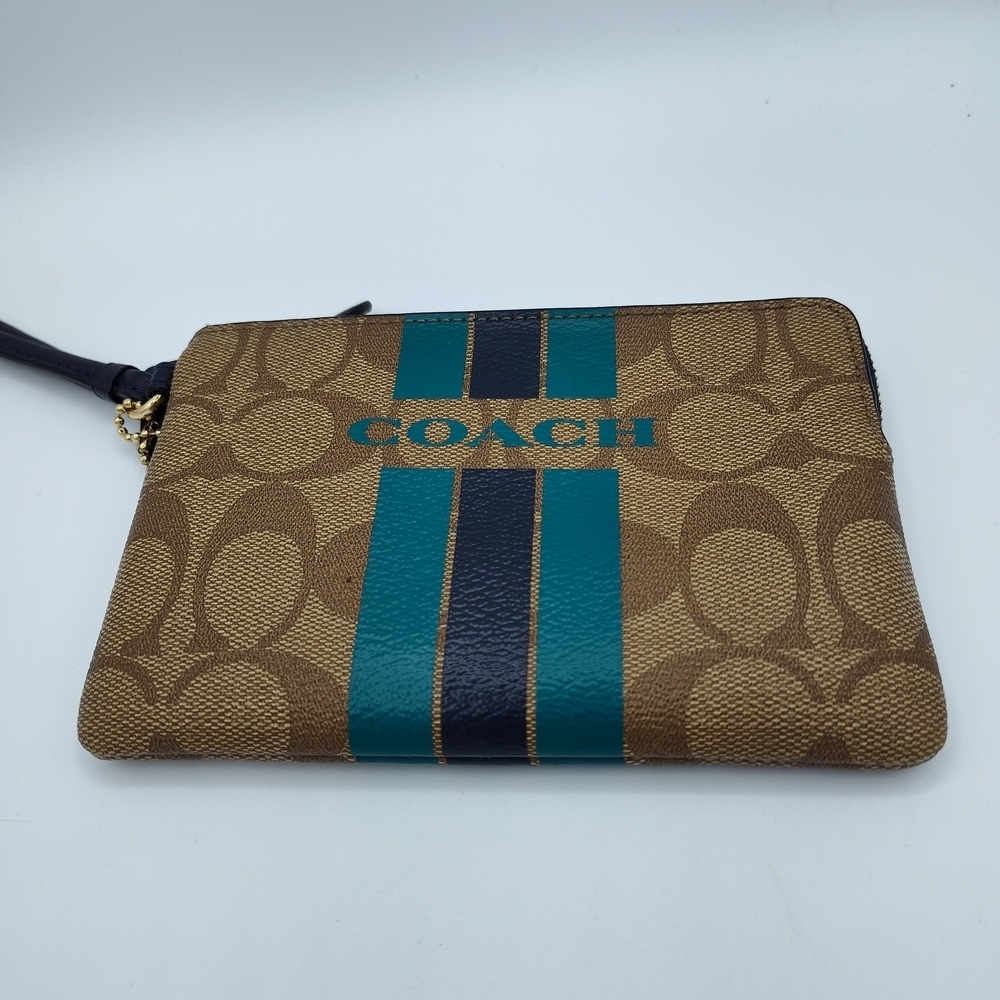 Coach Varsity Stripe Signature Canvas Corner Zip Wristlet Teal Navy Logo Pouch - Picture 2 of 4